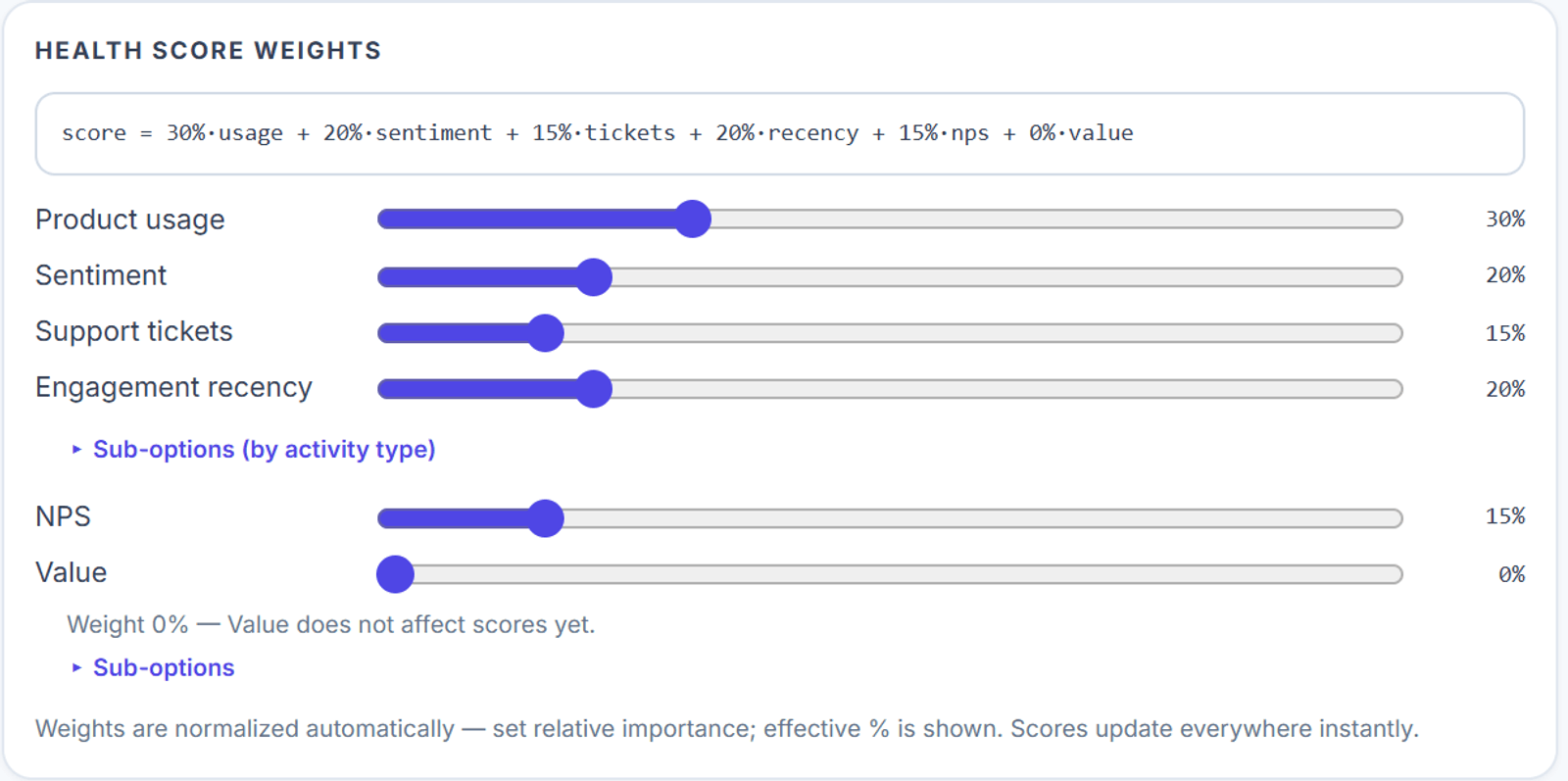 OneVio Settings showing health score weights: product usage 30%, sentiment 20%, support tickets 15%, engagement recency 20%, NPS 15% and value 0%
